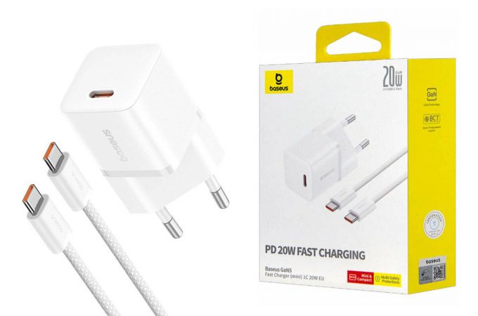 Сетевое зарядное устройство USB-C + кабель Type-C BASEUS GaN5 Fast Charger (mini) 1C 20W EU Moon White