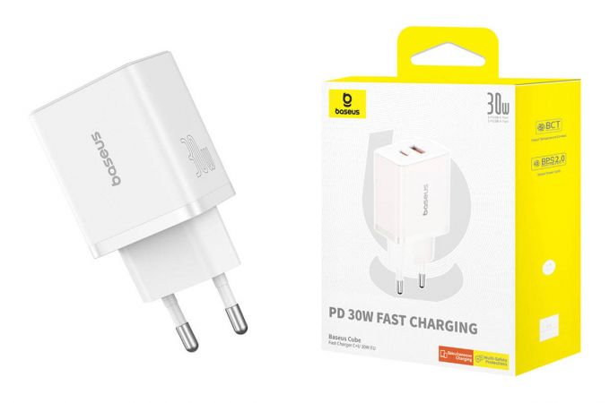 Сетевое зарядное устройство USB + USB-C BASEUS Cube Fast Charge 30W Moon White