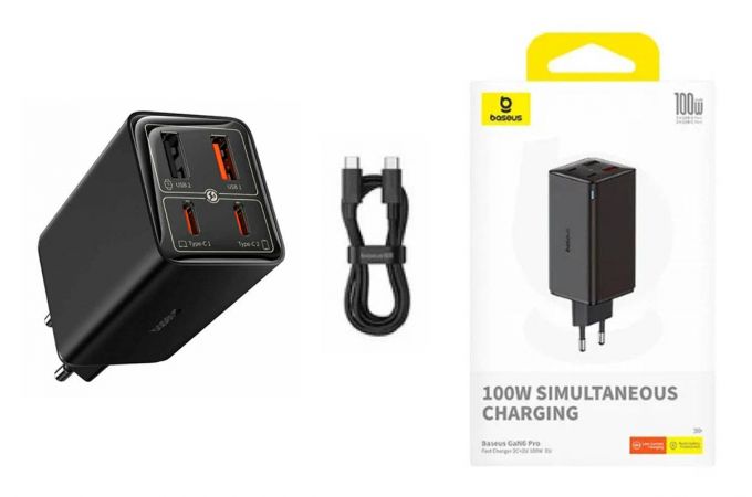 Сетевое зарядное устройство 2USB + 2USB-C + кабель Type-C BASEUS GaN6 Pro Fast Charger 100W Cluster Black