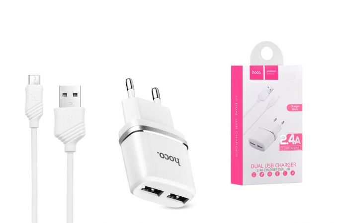 Сетевое зарядное устройство 2USB + кабель MicroUSB HOCO C12 2400mAh (белый)