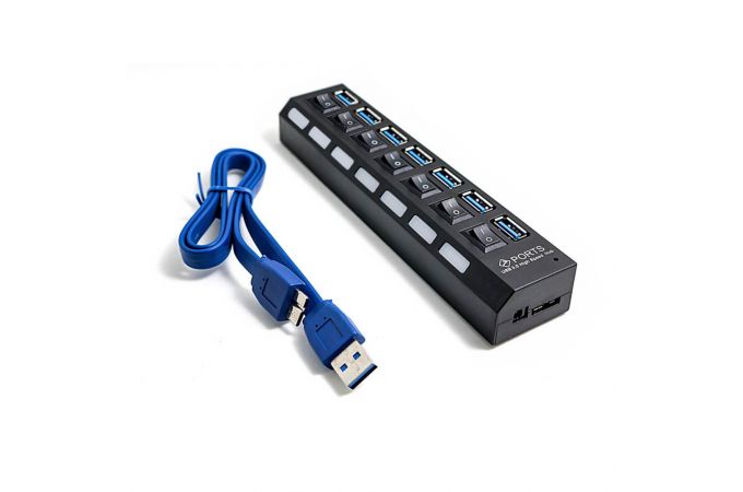 Разветвитель USB HUB 3.0 NN-HB009 на 7 портов с кнопками включения (черный)