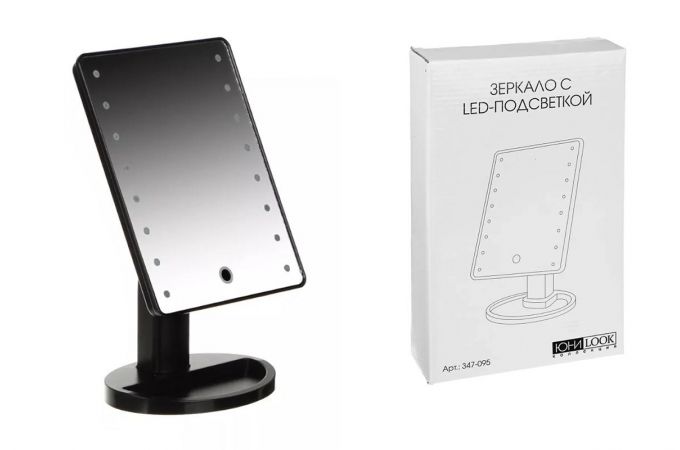 Зеркало с LED-подсветкой, USB, 4хААА, пластик, стекло, 16,7х27см, цвет ЧЕРНЫЙ, 347-095