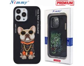 Чехол для телефона NIMMY с вышивкой iPhone 14 PRO MAX (бульдог в чёрно-оранжевой кофте с цепочкой)