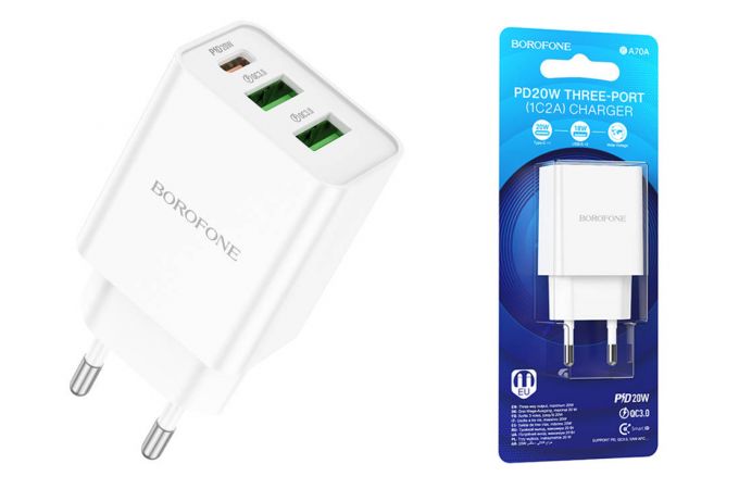 Сетевое зарядное устройство 2USB + USB-C BOROFONE BA70A Quick PD20W + QC3.0 (белый)