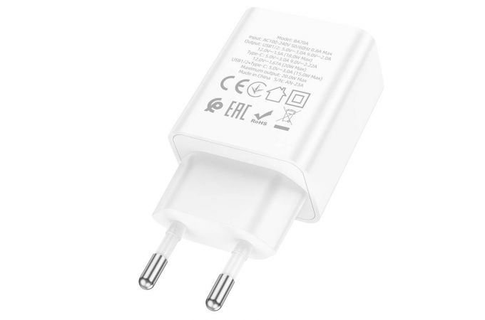 Сетевое зарядное устройство 2USB + USB-C BOROFONE BA70A Quick PD20W + QC3.0 (белый)