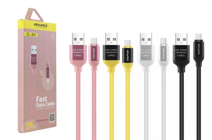 Кабель USB - MicroUSB AWEI CL-81, 2A (розовый, желтый, белый, черный) 1м