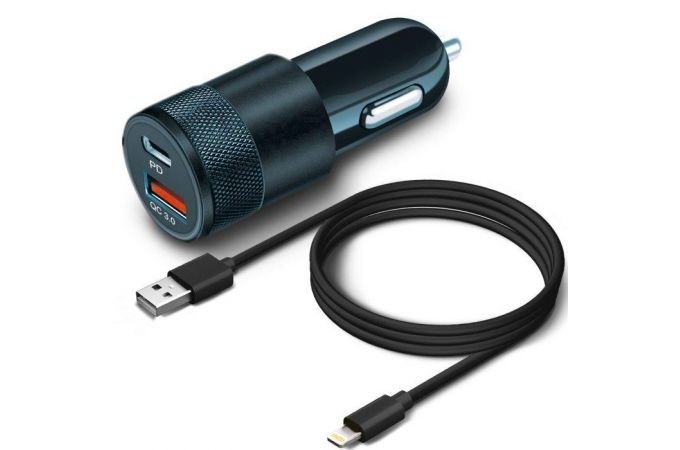 Автомобильное зарядное устройство АЗУ USB + Type-C + кабель Lightning BoraSCO (50761), 38 W, PD+QC3.0 (черный)