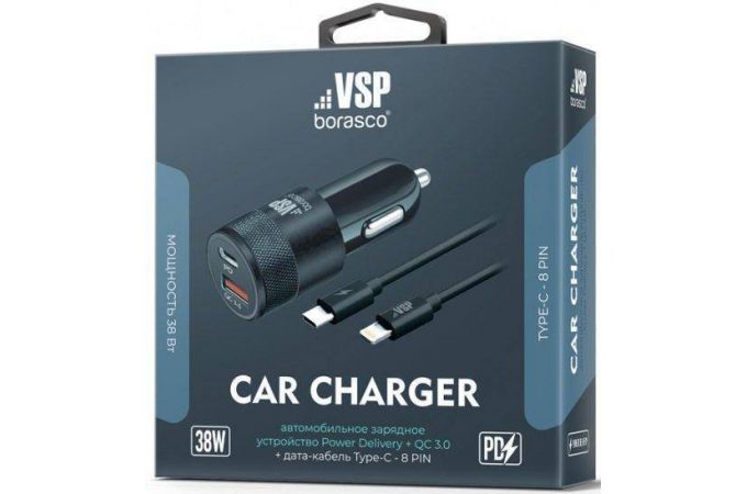 Автомобильное зарядное устройство АЗУ USB + Type-C + кабель Lightning BoraSCO (50761), 38 W, PD+QC3.0 (черный)