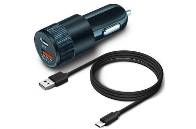 Автомобильное зарядное устройство АЗУ USB + кабель Type-C BoraSCO (50762), 38 W, PD+QC3.0 (черный)