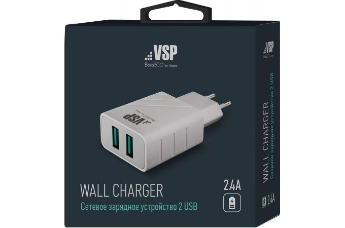 Сетевое зарядное устройство USB BoraSCO (37261) 2 USB 2.4A, (белый)