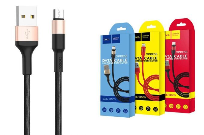 Кабель USB - MicroUSB HOCO X26 2A черно-(золотистый) 1м (в оплетке)