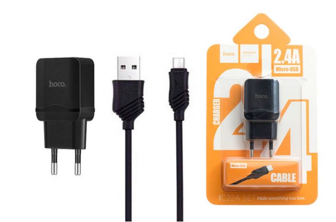 Сетевое зарядное устройство USB + кабель MicroUSB HOCO C22A 2400mAh (черный)