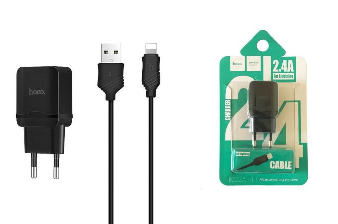 Сетевое зарядное устройство USB + кабель Lightning HOCO C22А 2400mAh (черный)