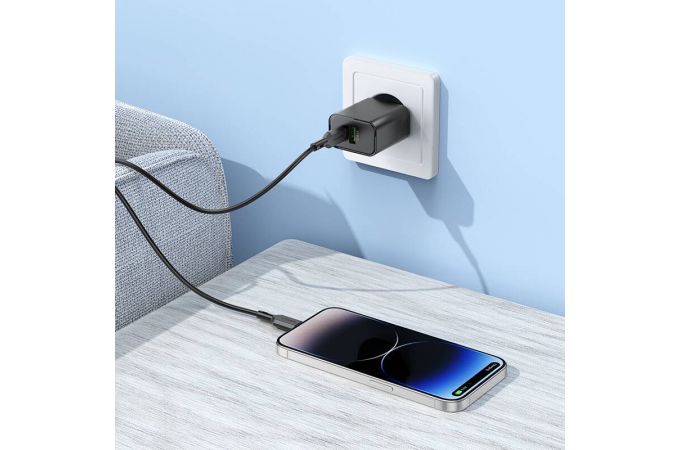 Сетевое зарядное устройство USB + USB-C + кабель Type-C - Lightning BOROFONE BA88A Navy PD20W+QC3.0 (белый)