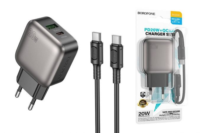 Сетевое зарядное устройство USB + USB-C + кабель Type-C BOROFONE BAS54A Absolute PD20W+QC3.0 (черный)