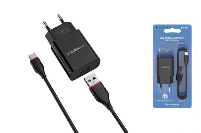 Сетевое зарядное устройство USB + кабель Type-C BOROFONE BA20A Sharp 2100 mAh (черный)