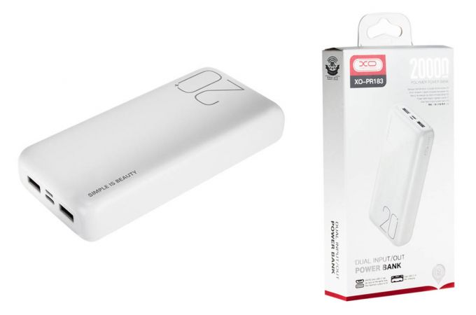 Универсальный дополнительный аккумулятор Power Bank XO PR183, 20000 mAh, 2,1A вх/вых, дисплей, белый