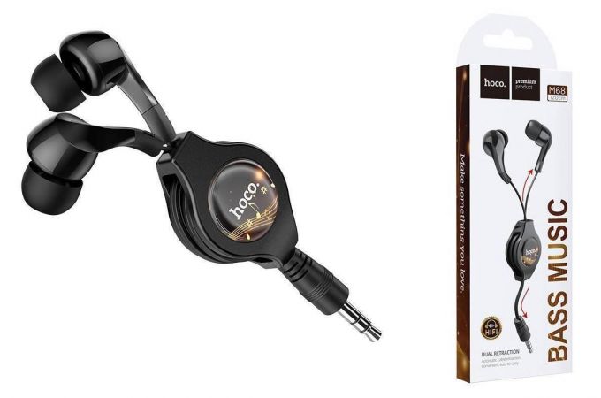 Наушники вакуумные проводные HOCO M68 Easy clip telescopic earphones (черный) (рулетка)