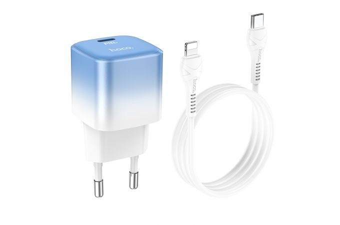 Сетевое зарядное устройство USB-C + кабель Lightning - Type-C HOCO C101A PD20W+QC 3.0 быстрая зарядка (бело-синий)