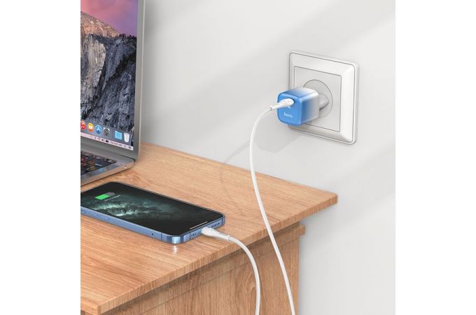 Сетевое зарядное устройство USB-C + кабель Lightning - Type-C HOCO C101A PD20W+QC 3.0 быстрая зарядка (бело-синий)