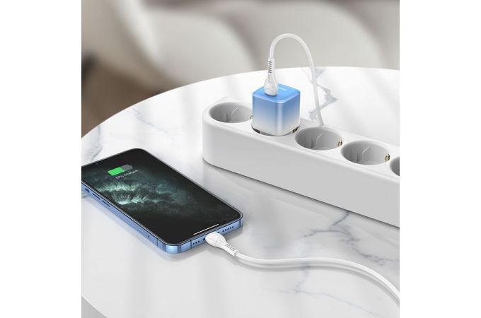 Сетевое зарядное устройство USB-C + кабель Lightning - Type-C HOCO C101A PD20W+QC 3.0 быстрая зарядка (бело-синий)