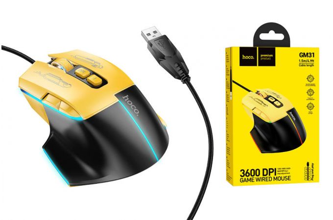 Мышь проводная НОСО GM31 Overlord luminous gaming wired mouse (черно-желтый)