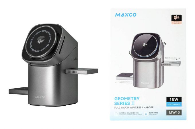 Беспроводное зарядное устройство 3 в 1 MAXCO MW15 Geometry second Generation Qi2 full touch magnetic 15W Grey