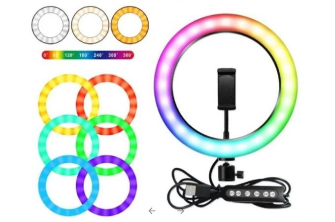Кольцевая лампа RGB многоцветная (26 см) MJ26 для фото и видеосъемки (без треноги, черный)