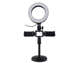 Кольцевая лампа настольная (9 см) для фото и видеосъемки (черный) с 2 креплениями телефона