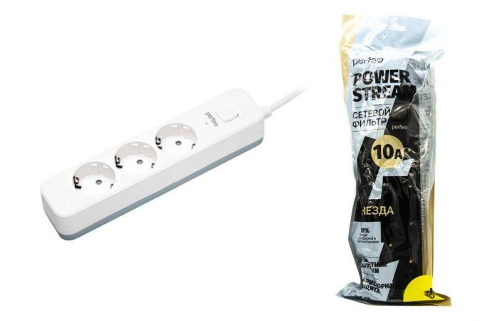 Сетевой фильтр Perfeo "POWER STREAM", 2500W,  3,0м, 3 розетки (белый)