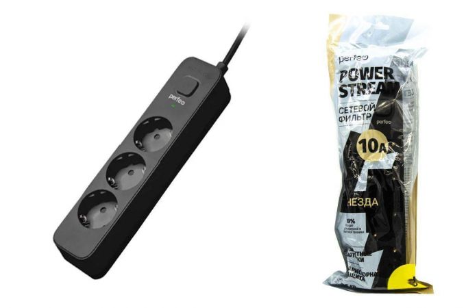 Сетевой фильтр Perfeo "POWER STREAM", 2500W,  3,0м, 3 розетки (черный)