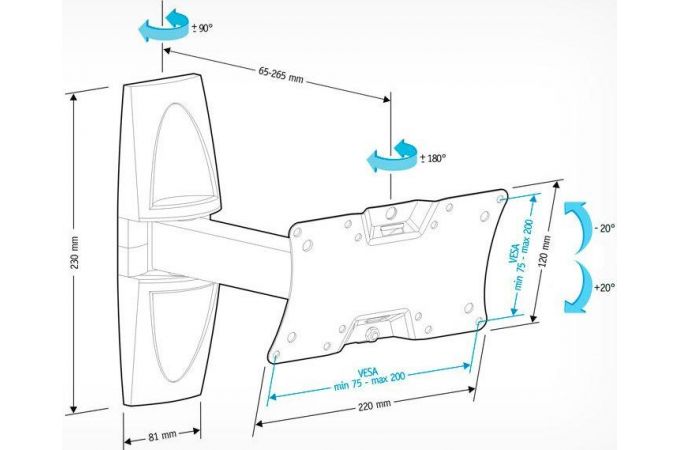 Кронштейн для LCD TV  HOLDER LCDS-5063 черный глянец 19" – 32", 30 кг, расстояние от стены 65 - 265мм.