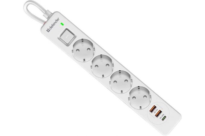 Сетевой фильтр Defender DFS 141 1,5 м, 4 розетки, 2xUSB Type-A QC3.0 , 1хType C PD