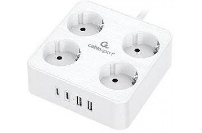 Сетевой фильтр с USB заряд. Cablexpert Plate PLT-4-C2U2-W-2 белый, 4 розетки, 10А, 2xType-C PD, 2хUSB, 2.4A, 2м.