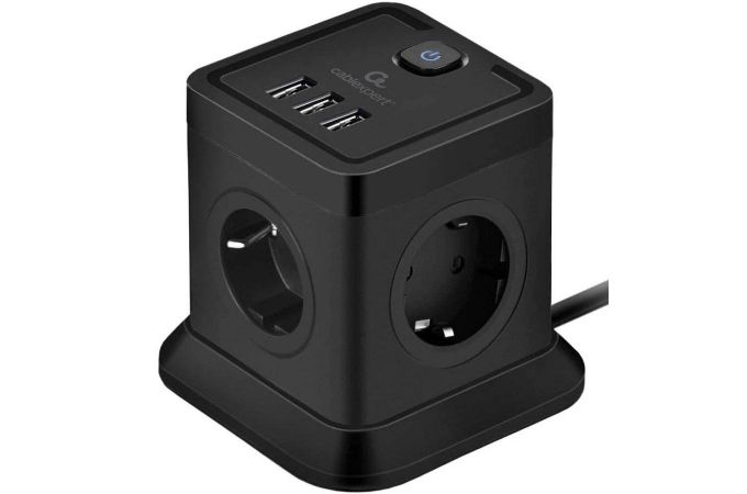 Сетевой фильтр с USB заряд. Cablexpert Tower TWR-4-U3-B-3 черный, 4 розетки, 10А, 3xUSB, 3.1А, 3м