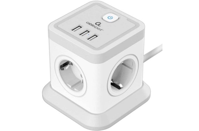 Сетевой фильтр с USB заряд. Cablexpert Tower TWR-4-U3-W-3 белый, 4 розетки, 10А, 3xUSB, 3.1А, 3м