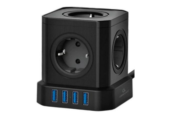 Сетевой фильтр с USB заряд. Cablexpert Tower TWR-5-U4-B-3 черный, 5розеток, 10А, 4хUSB, 3.1А, 3м