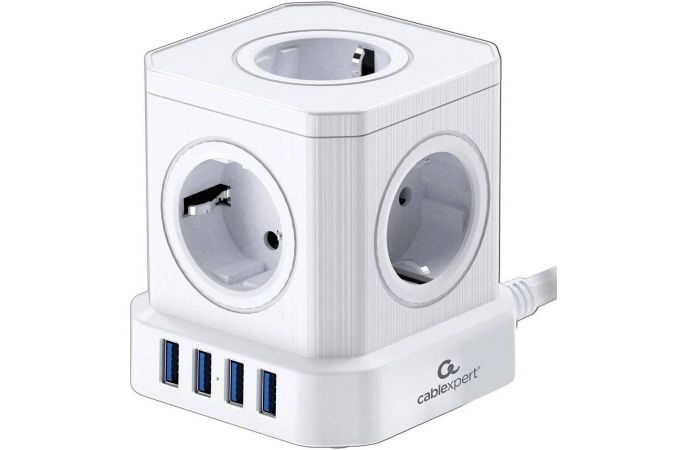Сетевой фильтр с USB заряд. Cablexpert Tower TWR-5-U4-W-3 белый, 5розеток, 10А, 4хUSB, 3.1А, 3м