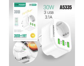 Сетевой фильтр NS1 3USB+1 розетка (5V-3A) 30W white