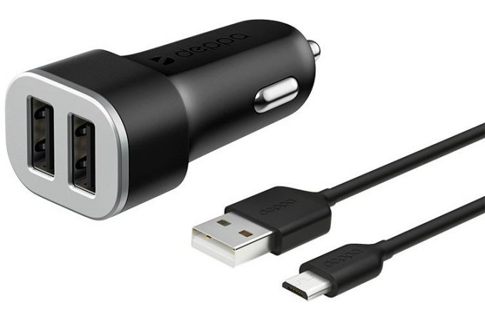 Автомобильное зарядное устройство АЗУ USB + кабель MicroUSB Deppa (11283) 2.4А (черный)