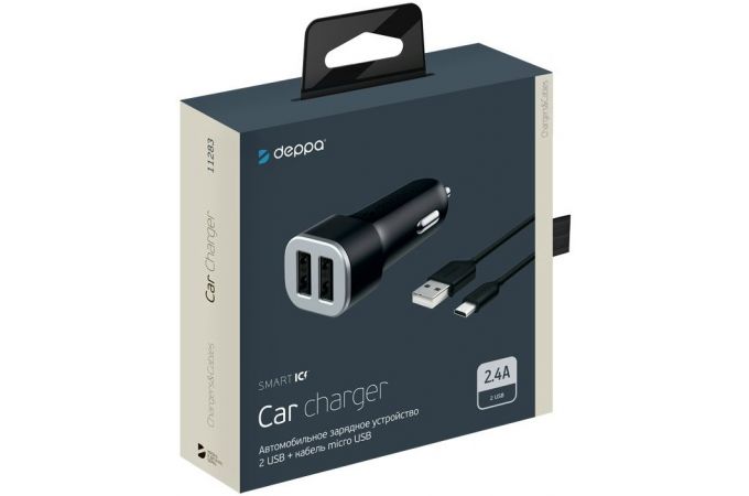 Автомобильное зарядное устройство АЗУ USB + кабель MicroUSB Deppa (11283) 2.4А (черный)