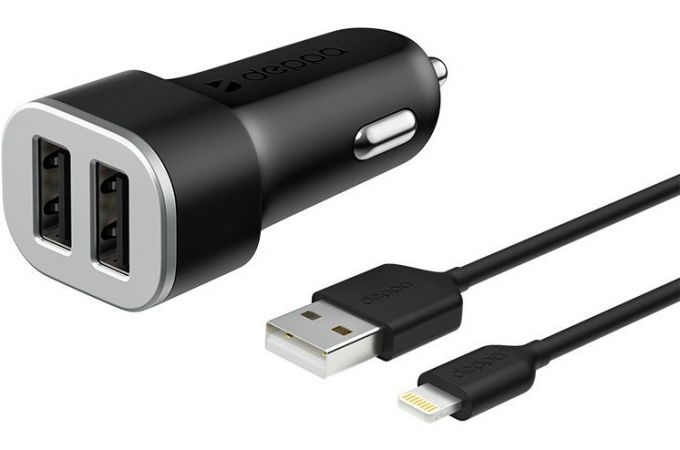 Автомобильное зарядное устройство АЗУ USB + кабель Lightning Deppa (11285) 2 USB 2.4А, MFI (черный)