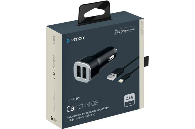 Автомобильное зарядное устройство АЗУ USB + кабель Lightning Deppa (11285) 2 USB 2.4А, MFI (черный)