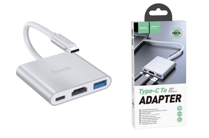 Разветвитель USB HUB Type-C (M) --> HDMI (F) + USB3.0 (F) + Type-C PD (F) HOCO HB14