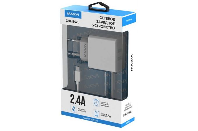 Сетевое зарядное устройство 2USB Maxvi (CHL-242L) Apple 8-pin 2,4A (белый)