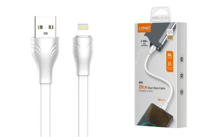 Кабель USB - Lightning LDNIO LS550/ 20 cm/ 2.4A/ медь: 60 жил/ Плоский/ White