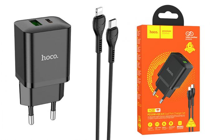 Сетевое зарядное устройство USB + USB-C + кабель Lightning-Type-C HOCO N28 PD20W+ QC 3.0 (черный)