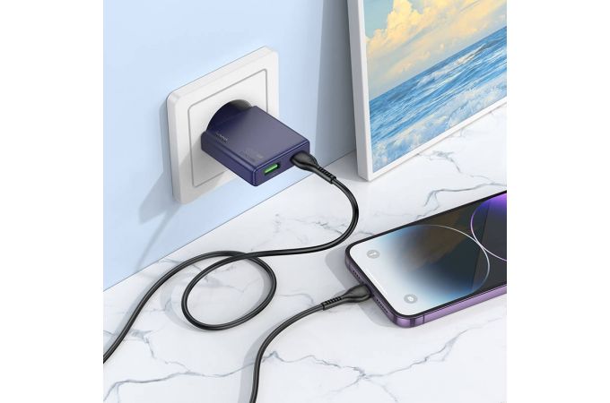 Сетевое зарядное устройство USB + USB-C + кабель Lightning-Type-C HOCO N45 PD30W+ QC 3.0 (бело-лунный)