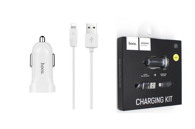 Автомобильное зарядное устройство АЗУ USB + кабель Lightning HOCO Z1 2000mAh (белый)
