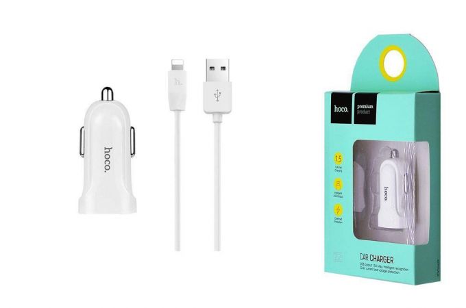 Автомобильное зарядное устройство АЗУ USB + кабель Lightning HOCO Z2 2000mAh (белый)